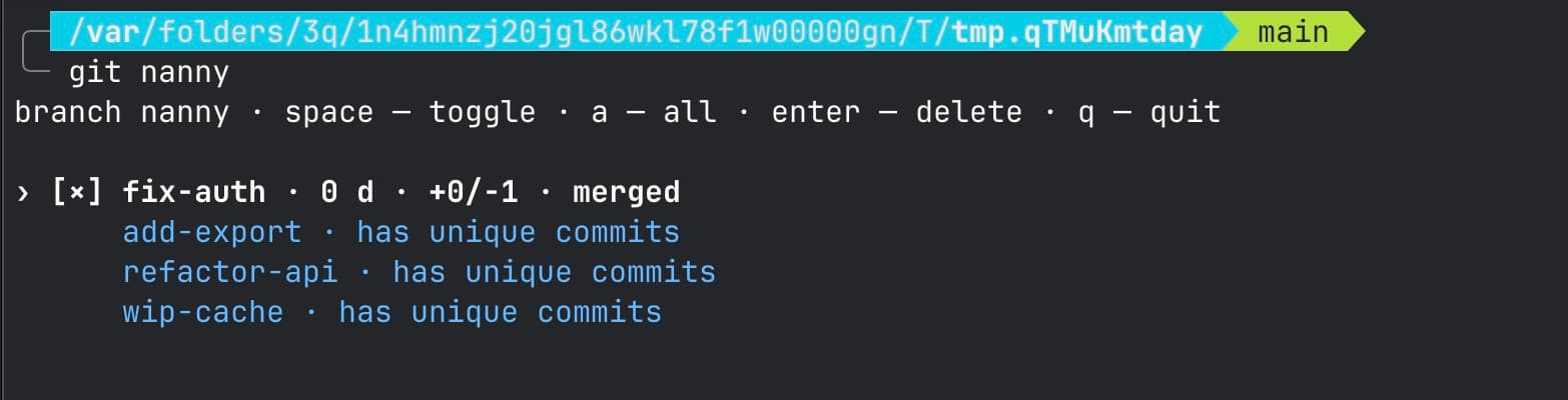 Терминальный список веток: отмеченная fix-auth помечена как merged, три ветки ниже — серые с пометкой «has unique commits»
