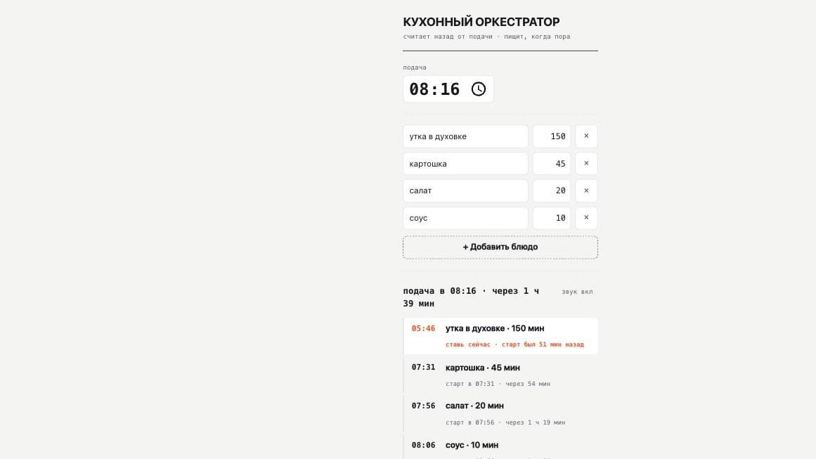 Список блюд с длительностями и таймлайн: время старта каждого блюда, у первого пометка «ставь сейчас»
