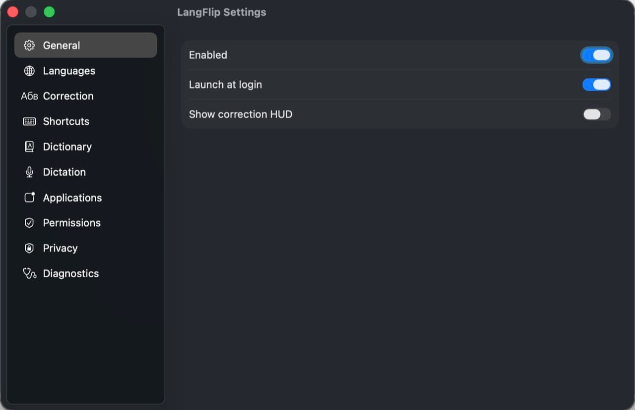 Меню-бар macOS с настройками LangFlip: горячая клавиша и переключение раскладки EN и RU